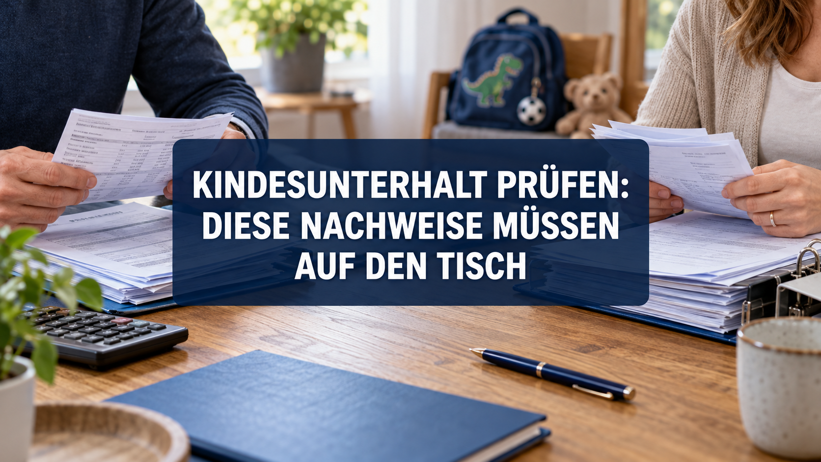 Getrennte Eltern sortieren Unterlagen zum Kindesunterhalt unter dem Hinweis, welche Nachweise auf den Tisch müssen