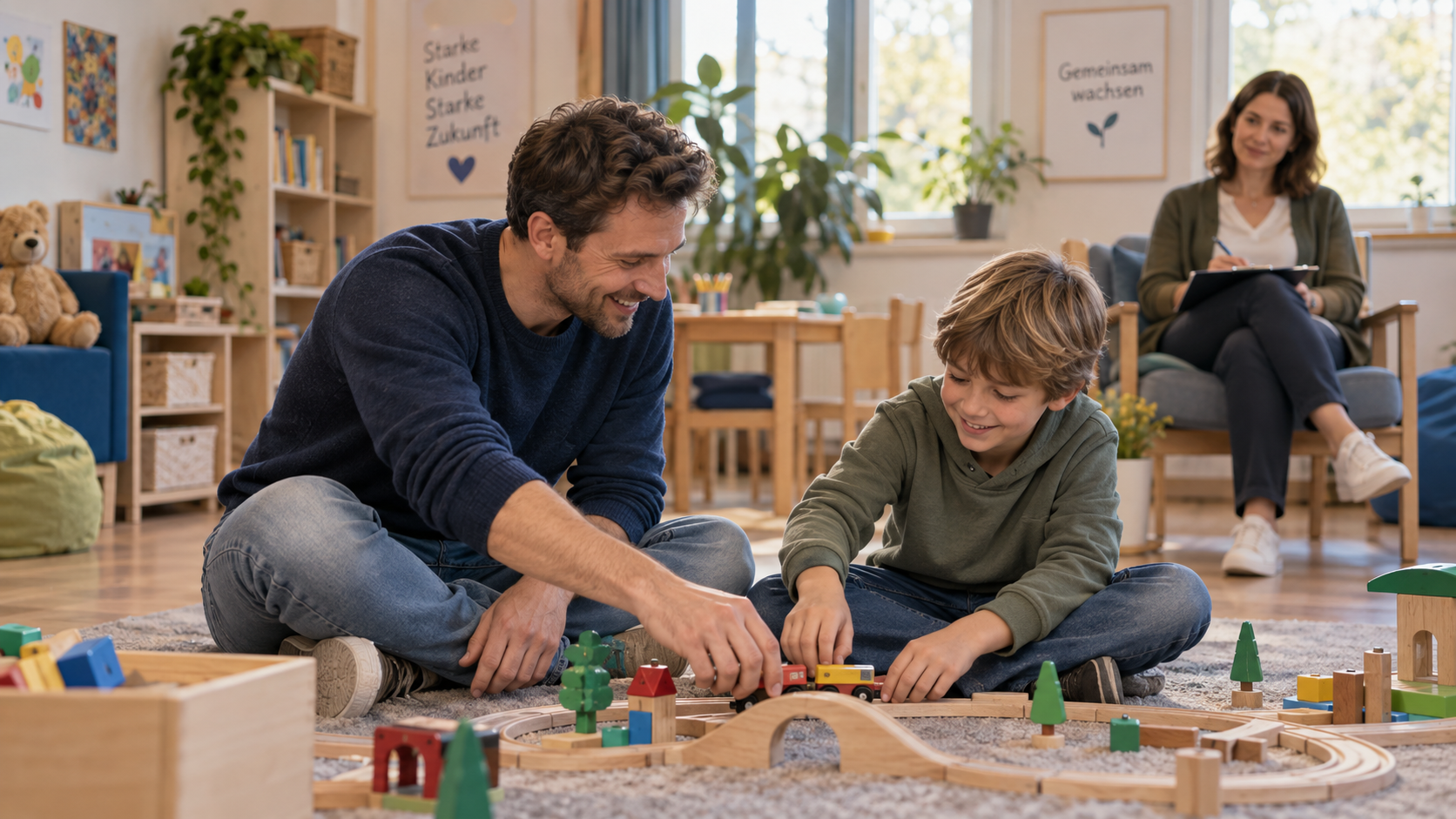 Vater und Kind bauen in einem Familienzentrum eine Holzeisenbahn, während eine Fachkraft im Hintergrund begleitet