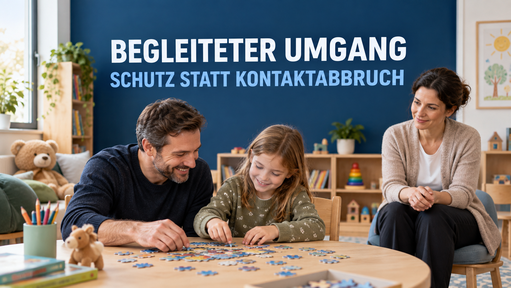Elternteil und Kind spielen in Anwesenheit einer Fachkraft unter der Überschrift Begleiteter Umgang – Schutz statt Kontaktabbruch