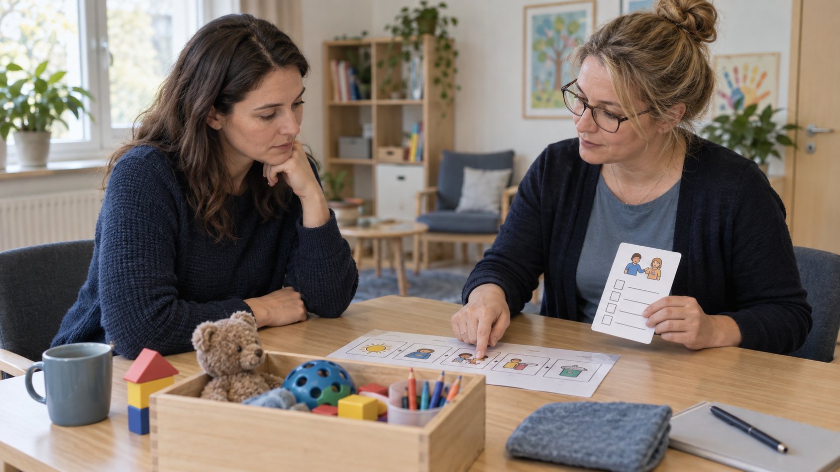 Ein Elternteil bereitet mit einer Umgangsbegleiterin anhand von Bildkarten einen Kontakt vor