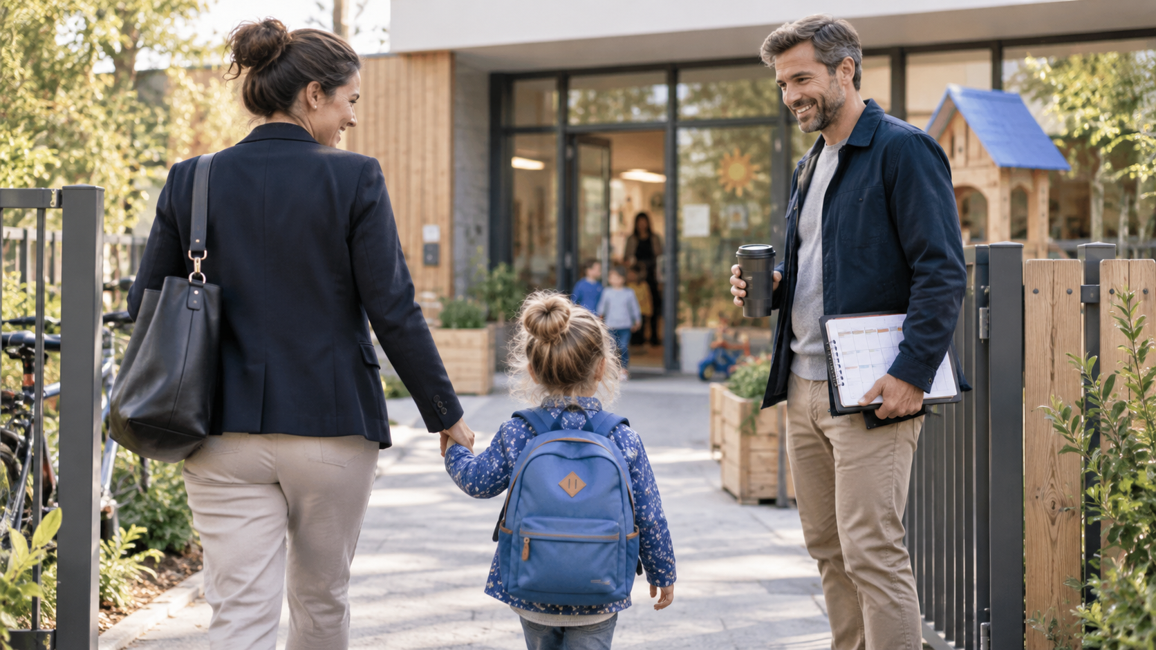 Eltern bei der Übergabe ihres Vorschulkindes vor einer Kindertagesstätte