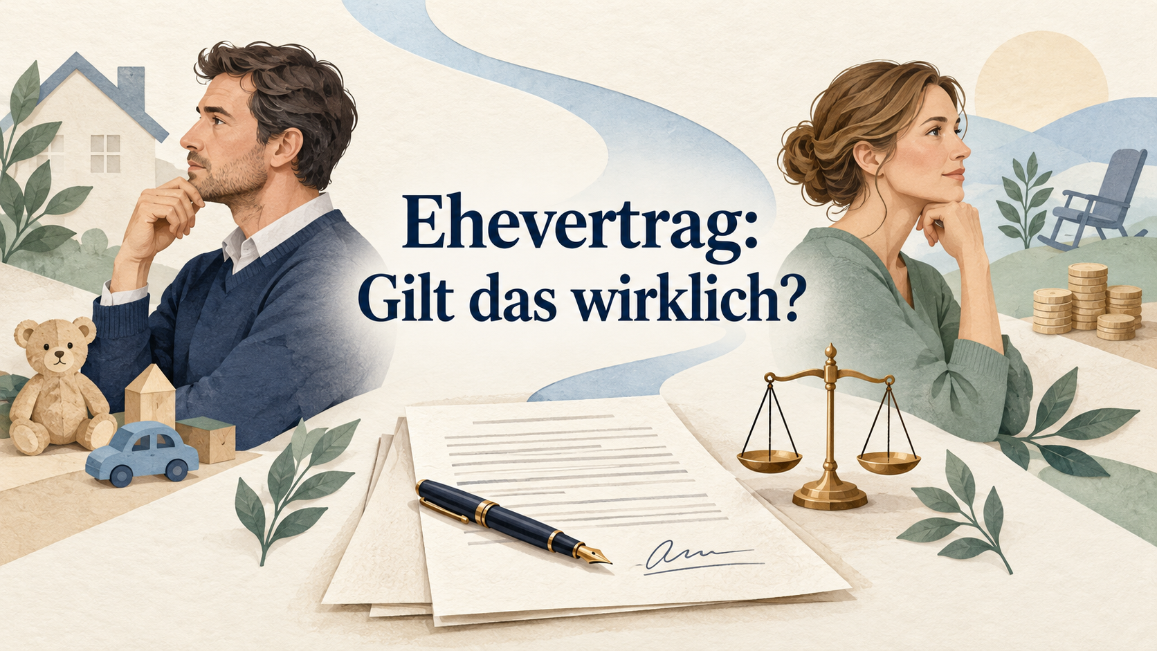 Zwei Erwachsene, Vertrag, Kinder- und Altersvorsorgesymbole mit dem zentralen Text Ehevertrag: Gilt das wirklich?