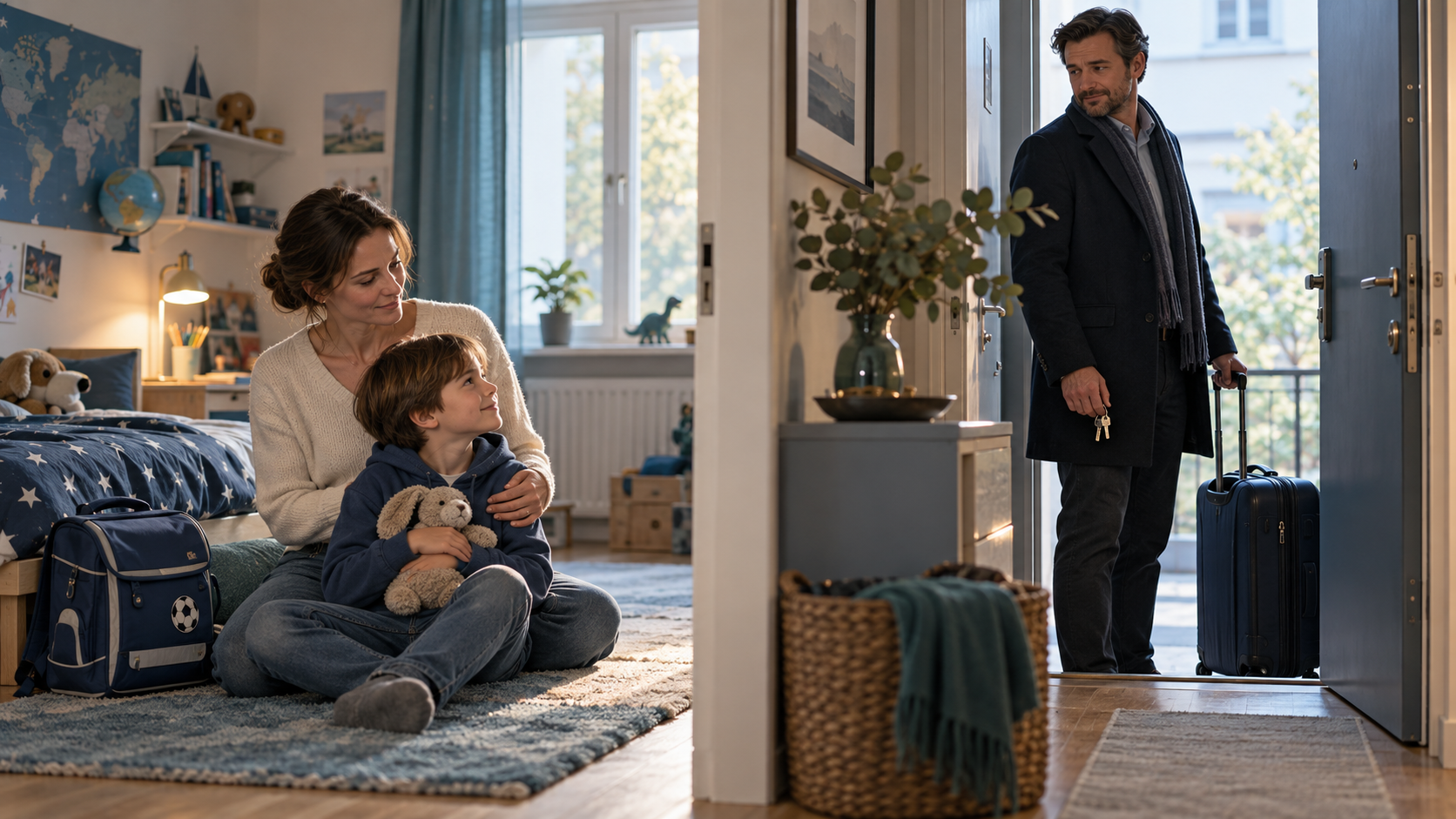 Ein Elternteil bleibt mit dem Kind im vertrauten Kinderzimmer, während der andere mit einem Koffer die Wohnung verlässt