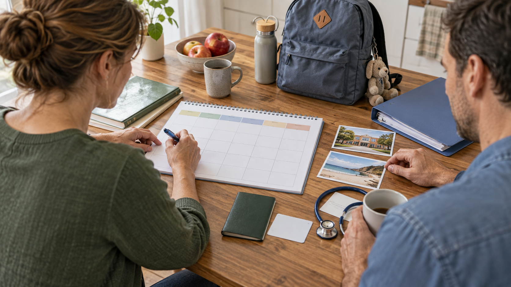 Eltern planen mit Kalender Schultermine, Arztbesuch und Reise eines Kindes