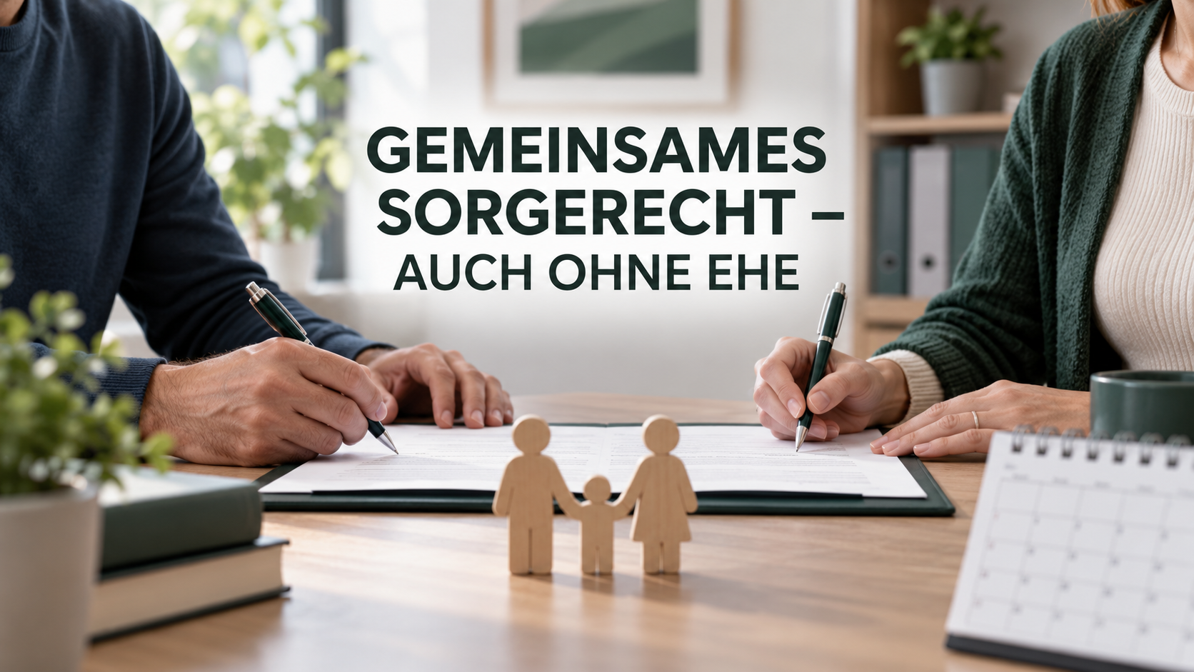 Unverheiratete Eltern unterschreiben neben Familienfiguren unter der Überschrift Gemeinsames Sorgerecht – auch ohne Ehe