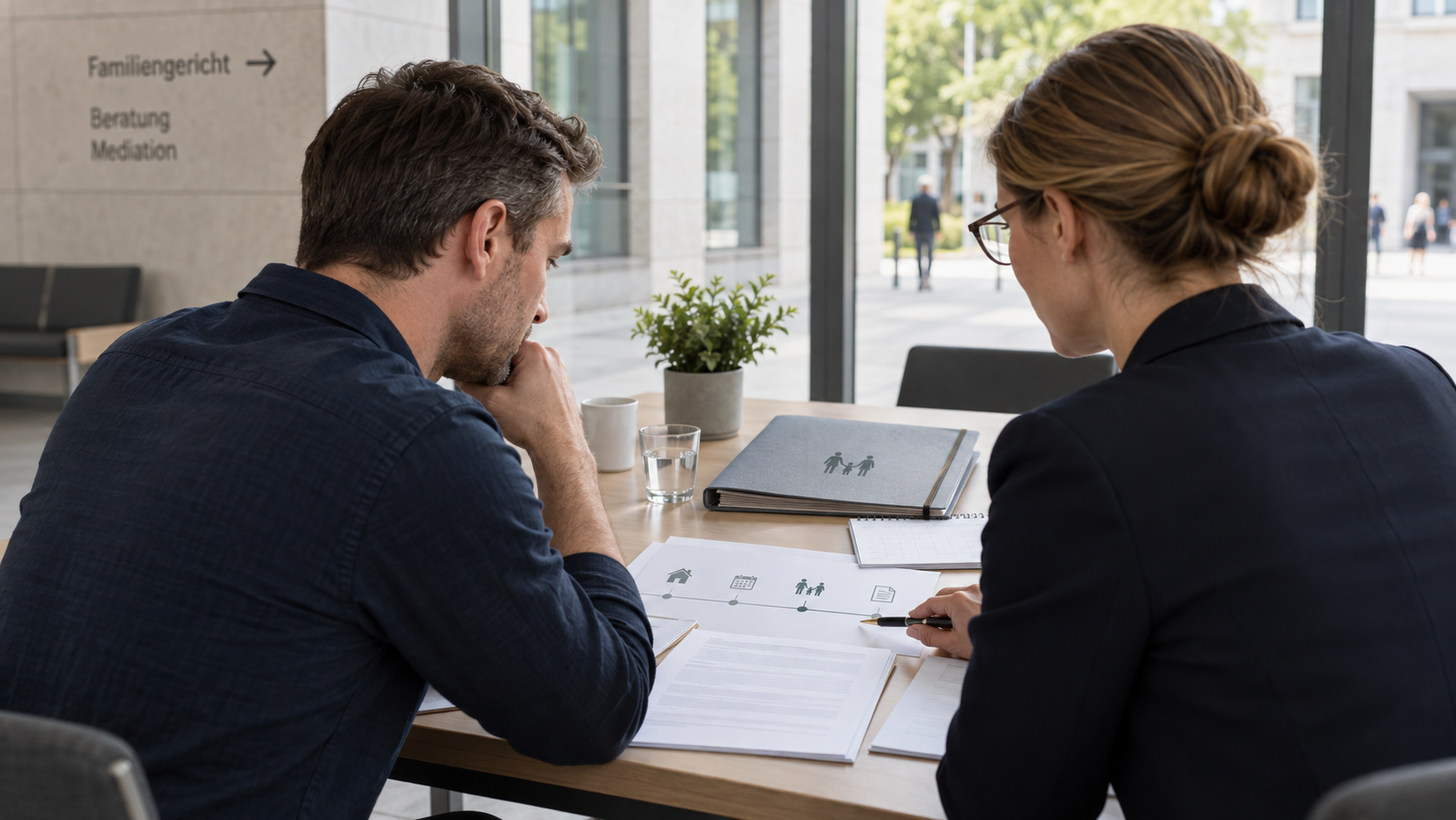 Vater und Rechtsanwältin ordnen Unterlagen vor einem familiengerichtlichen Verfahren