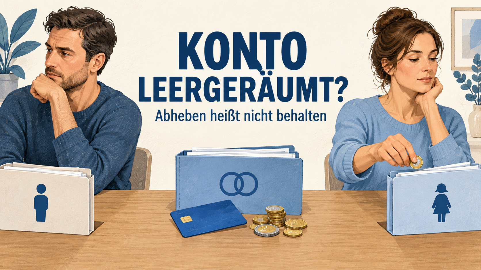 Getrennte Partner mit gemeinsamer Kontomappe und dem zentralen Hinweis Konto leergeräumt? Abheben heißt nicht behalten