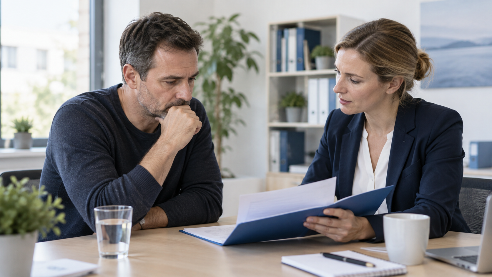 Mann und Beraterin besprechen vertraulich Unterlagen zu einer Schutzmaßnahme
