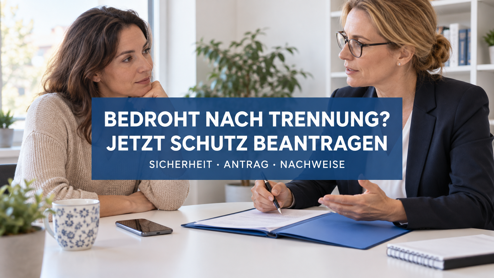 Frau und Beraterin besprechen einen Schutzantrag unter der zentralen Frage Bedroht nach Trennung? Jetzt Schutz beantragen