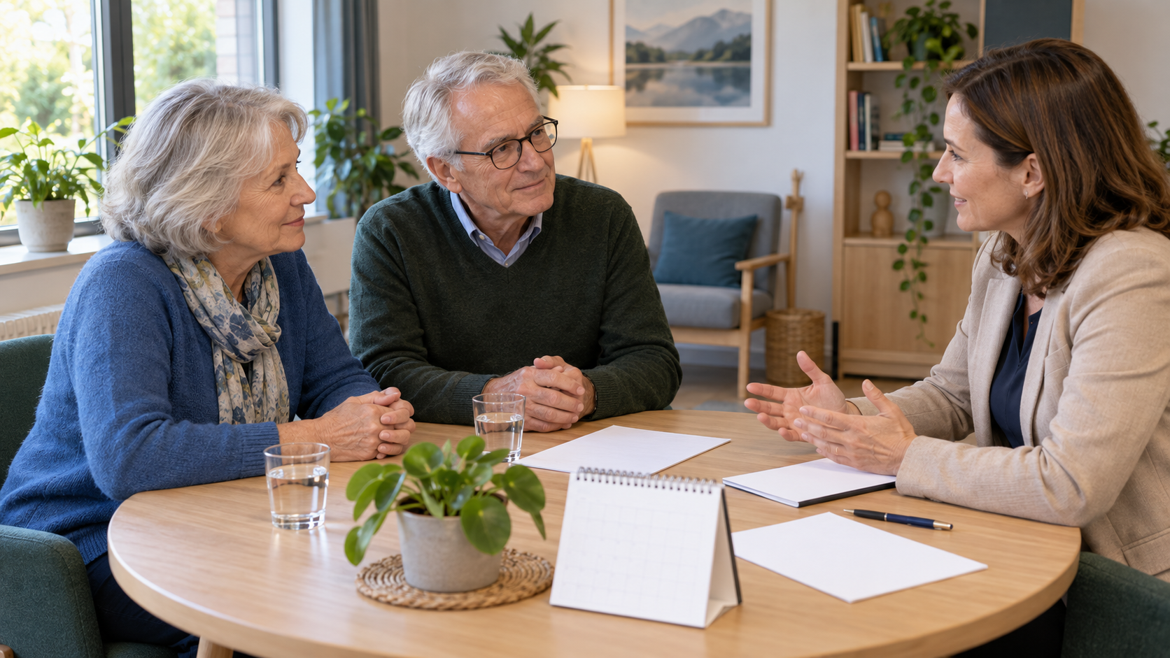 Großeltern besprechen in einer Beratungsstelle einen ruhigen Kontaktplan mit einer Vermittlerin