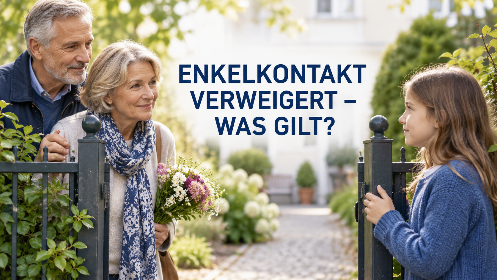Großeltern und Enkelkind stehen sich an einem Gartentor gegenüber unter der Überschrift Enkelkontakt verweigert – was gilt?
