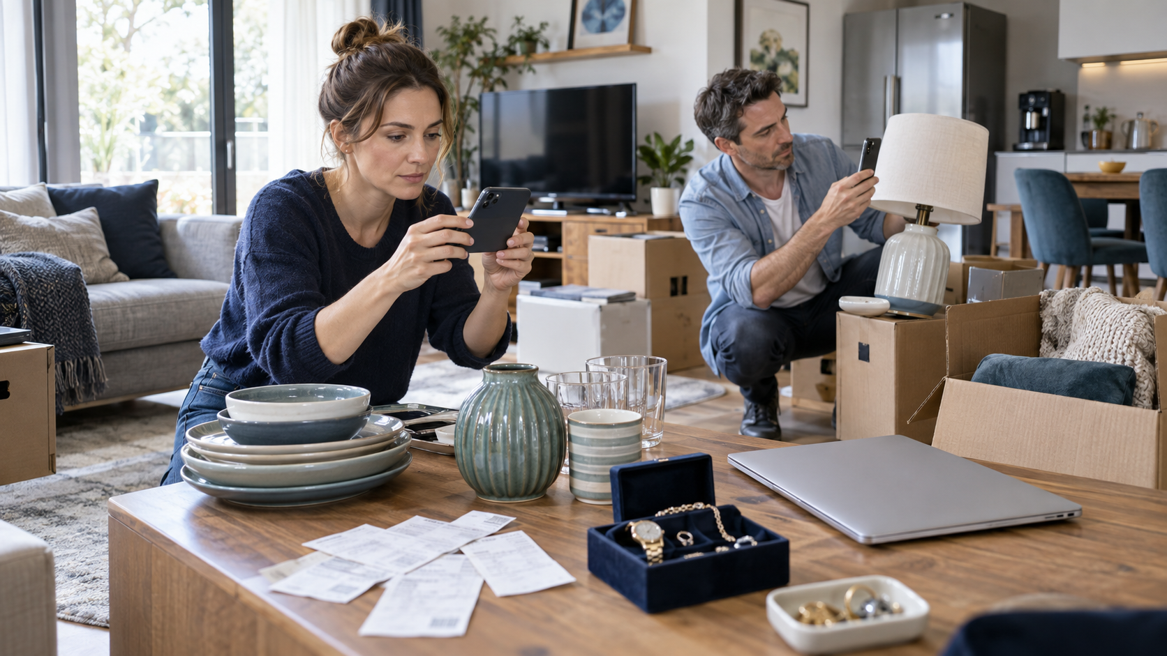 Getrennte Ehegatten fotografieren Geschirr und Lampe für eine gemeinsame Inventarliste