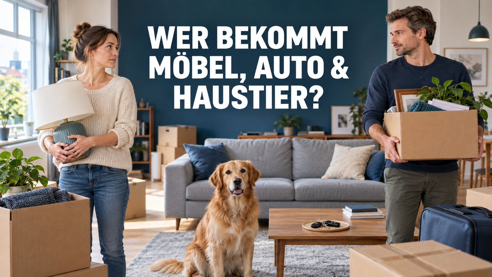 Getrenntes Paar zwischen Möbeln, Autoschlüsseln und Hund unter der Frage Wer bekommt Möbel, Auto und Haustier?