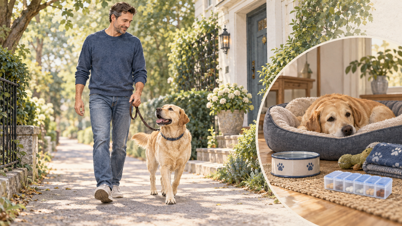 Ruhiger Spaziergang mit Labrador und geschützter Schlafplatz mit Versorgung im neuen Haushalt