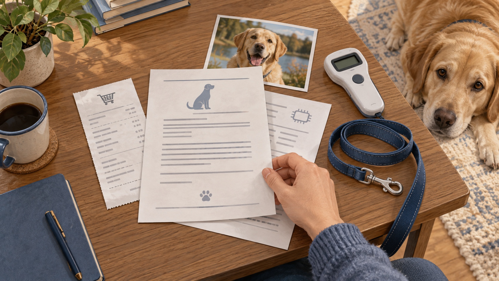 Übernahmevertrag, Zahlungsbeleg und Leine neben einem Labrador