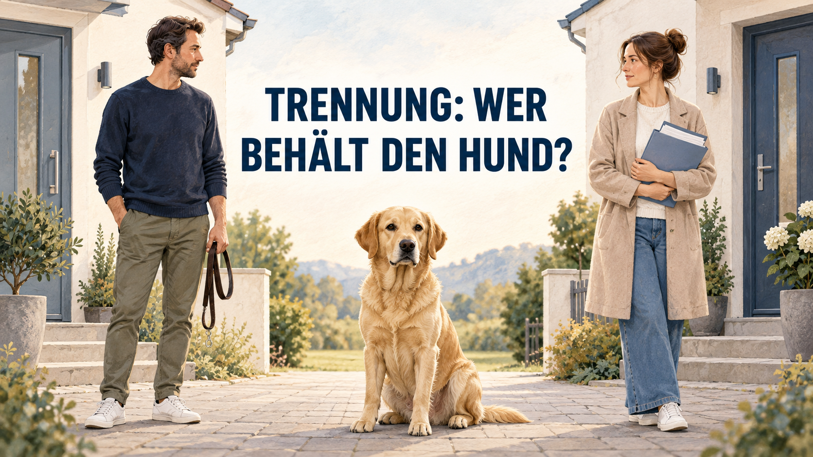 Labrador zwischen zwei getrennten Haushalten mit dem zentralen Text Trennung: Wer behält den Hund?