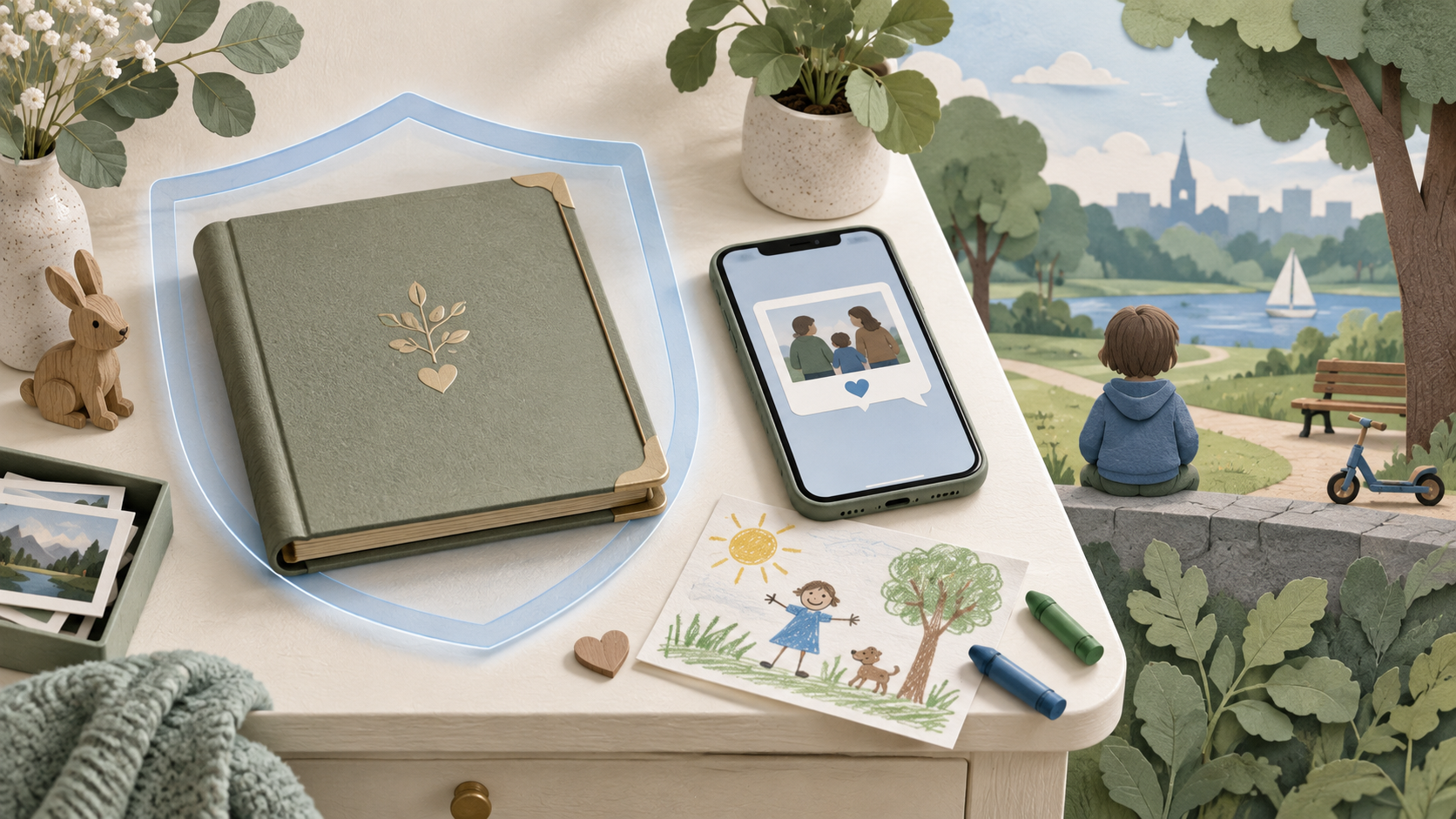 Geschlossenes Familienalbum, private Nachricht, Kinderzeichnung und eine anonyme Rückenansicht als zurückhaltende Fotoalternativen