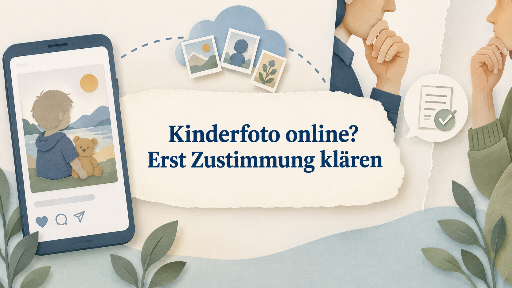 Ein Smartphone mit anonymem Kinderbild, zwei Eltern und die zentrale Frage Kinderfoto online? Erst Zustimmung klären