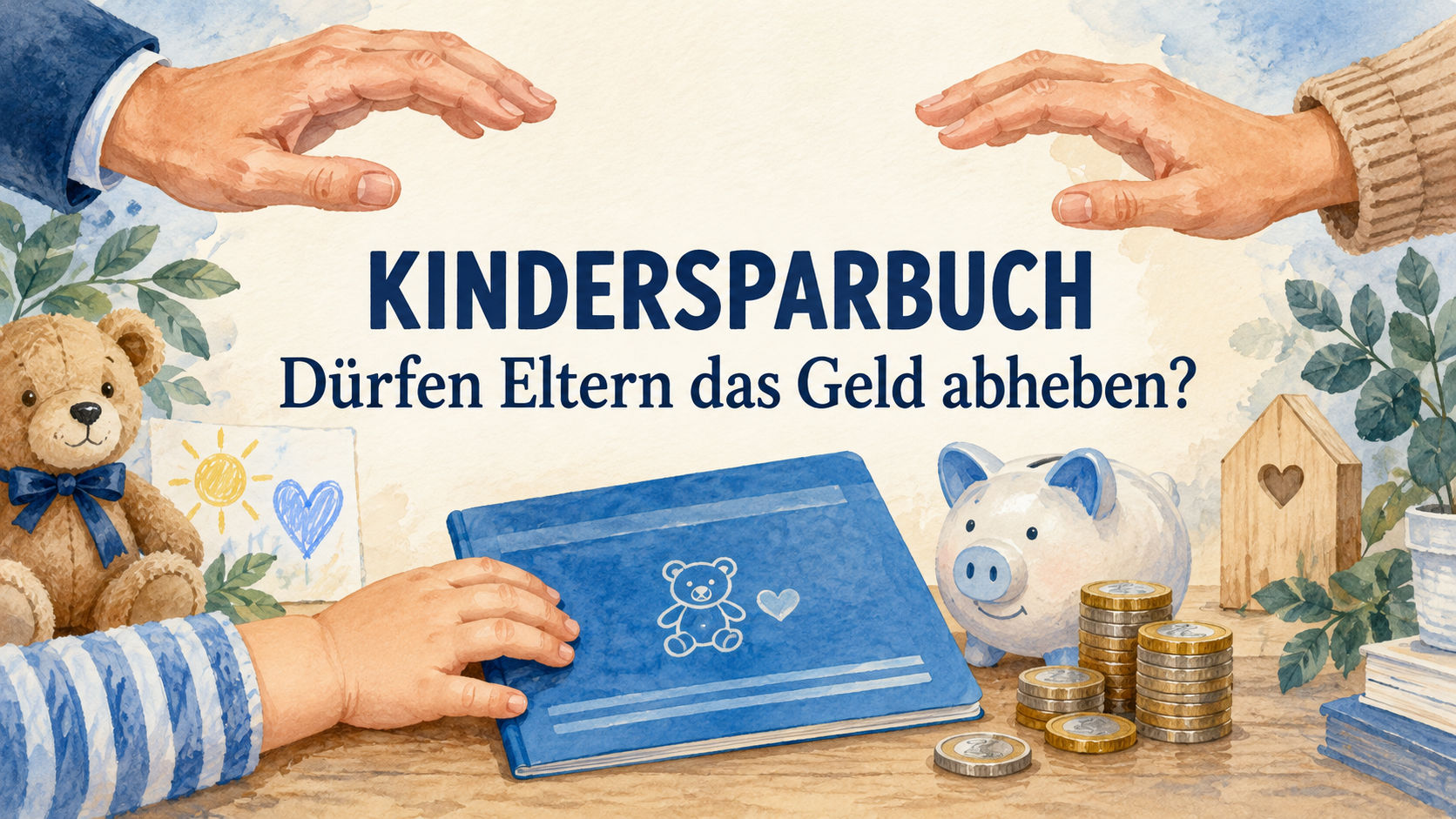 Kindersparbuch, Sparschwein und Münzen unter der zentralen Frage: Dürfen Eltern das Geld abheben?