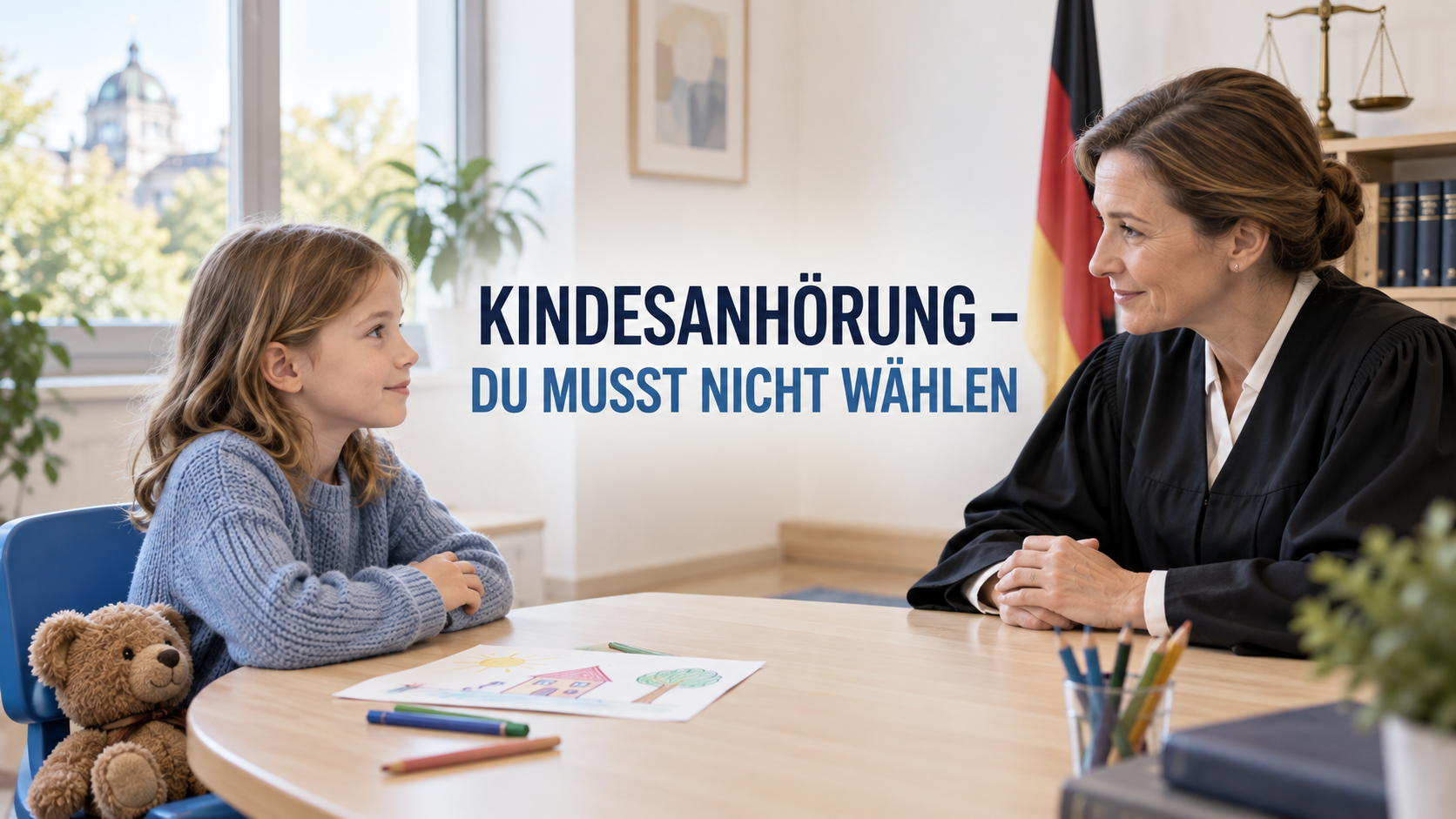Richterin spricht in einem kindgerechten Raum mit einem Kind unter der Überschrift Kindesanhörung – du musst nicht wählen