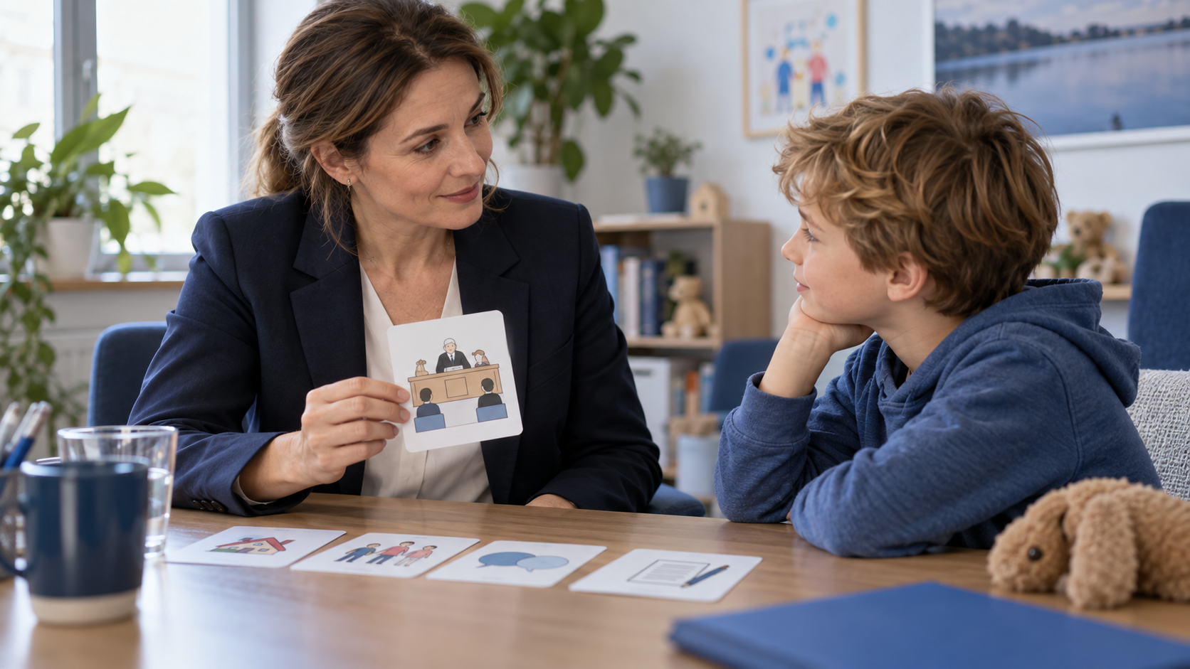 Verfahrensbeiständin erklärt einem Kind mit Bildkarten den Ablauf des Familiengerichts