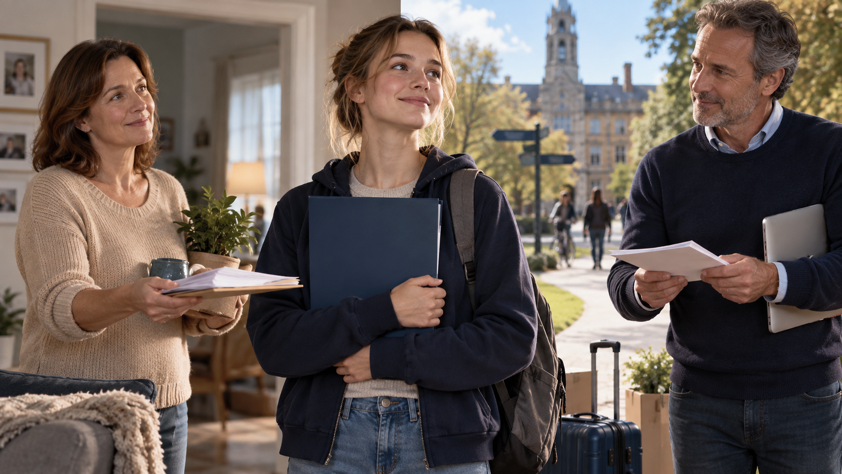 Volljährige Schülerin zwischen dem Zuhause eines Elternteils und einem möglichen Studienort mit Unterlagen beider Eltern