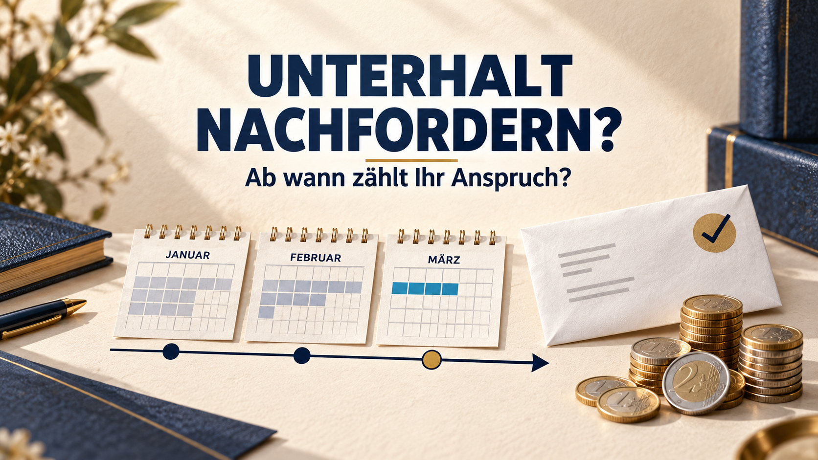 Kalender, Brief und Münzen mit der zentralen Frage Unterhalt nachfordern? Ab wann zählt Ihr Anspruch?