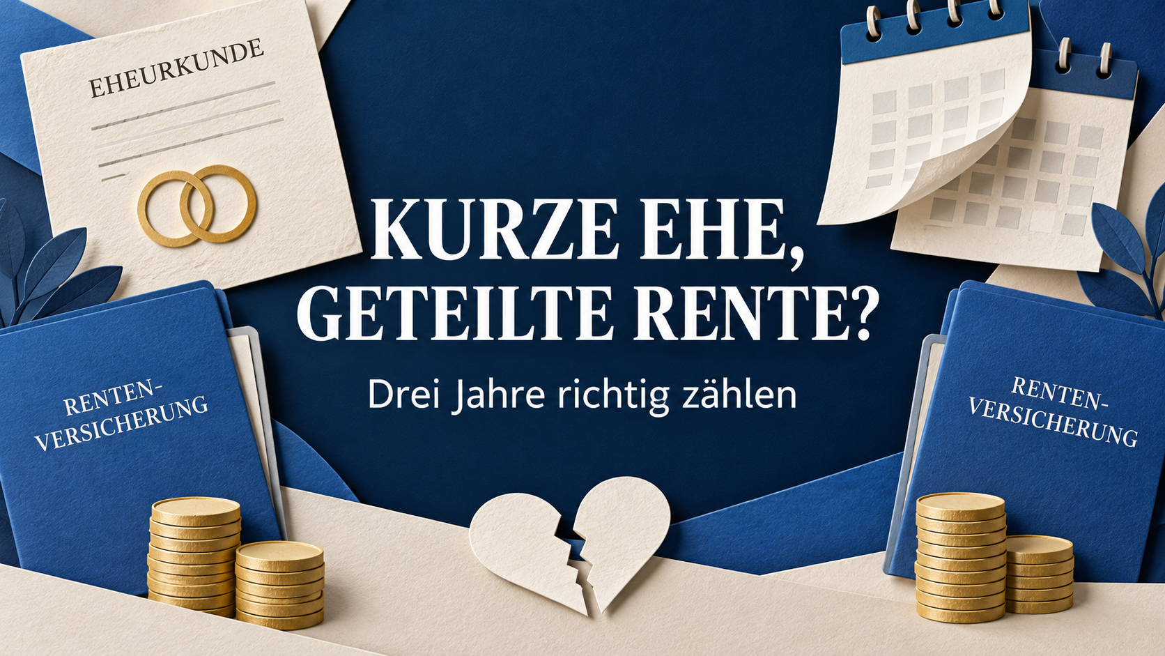 Eheurkunde, Kalender und zwei Rentenmappen mit der zentralen Frage Kurze Ehe, geteilte Rente? Drei Jahre richtig zählen