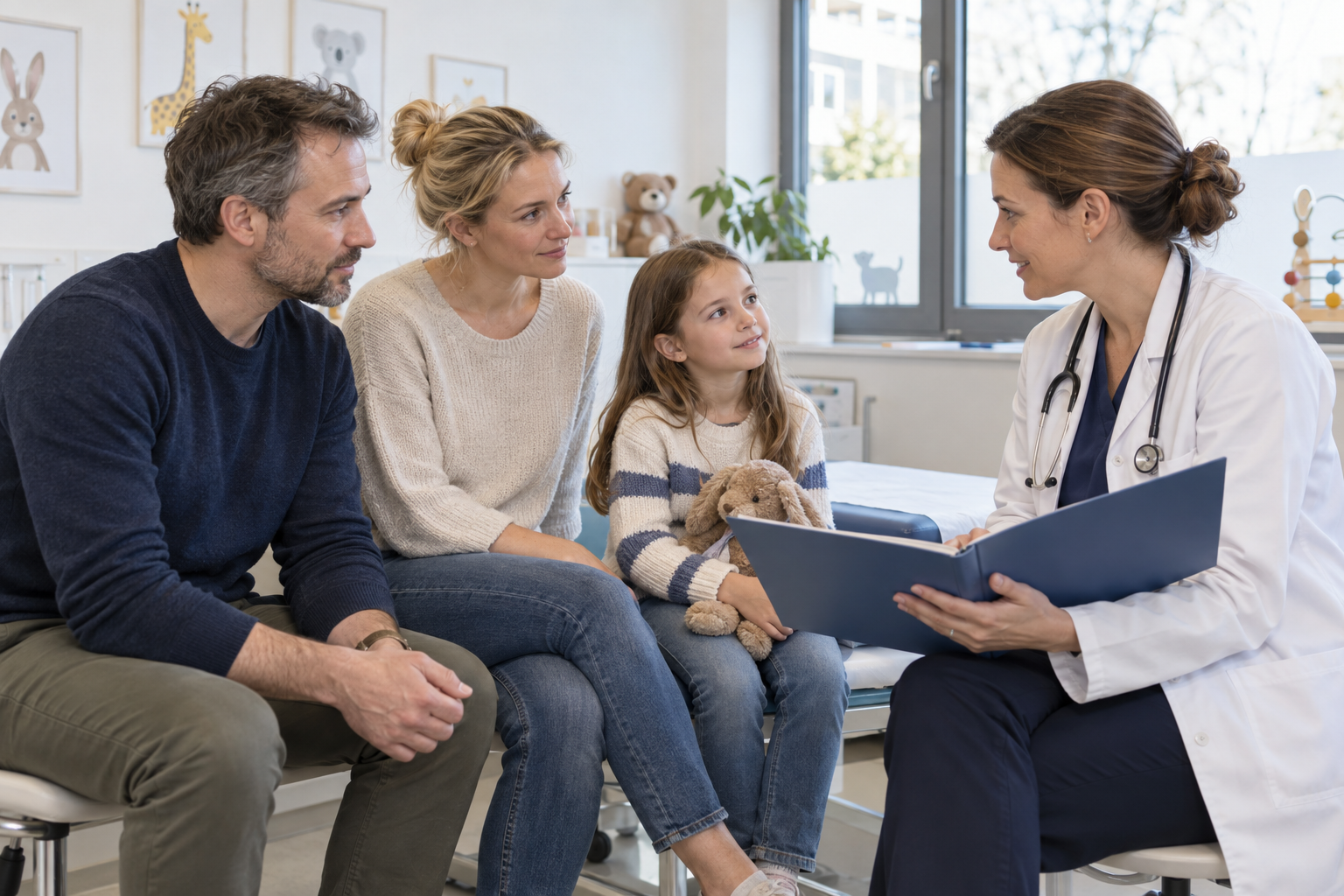 Getrennte Eltern und ihr Kind besprechen gemeinsam mit einer Kinderärztin einen Behandlungsplan