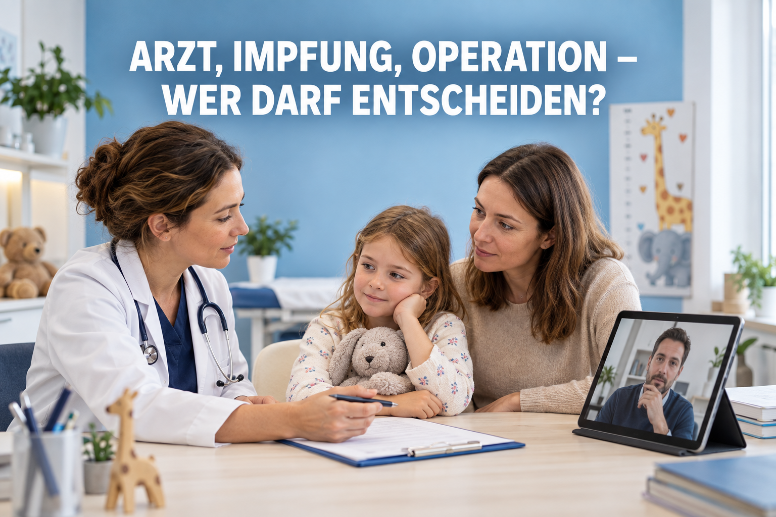 Kind bei einer kinderärztlichen Beratung mit einem Elternteil vor Ort und dem anderen Elternteil per Video unter der Überschrift Arzt, Impfung, Operation – wer darf entscheiden?