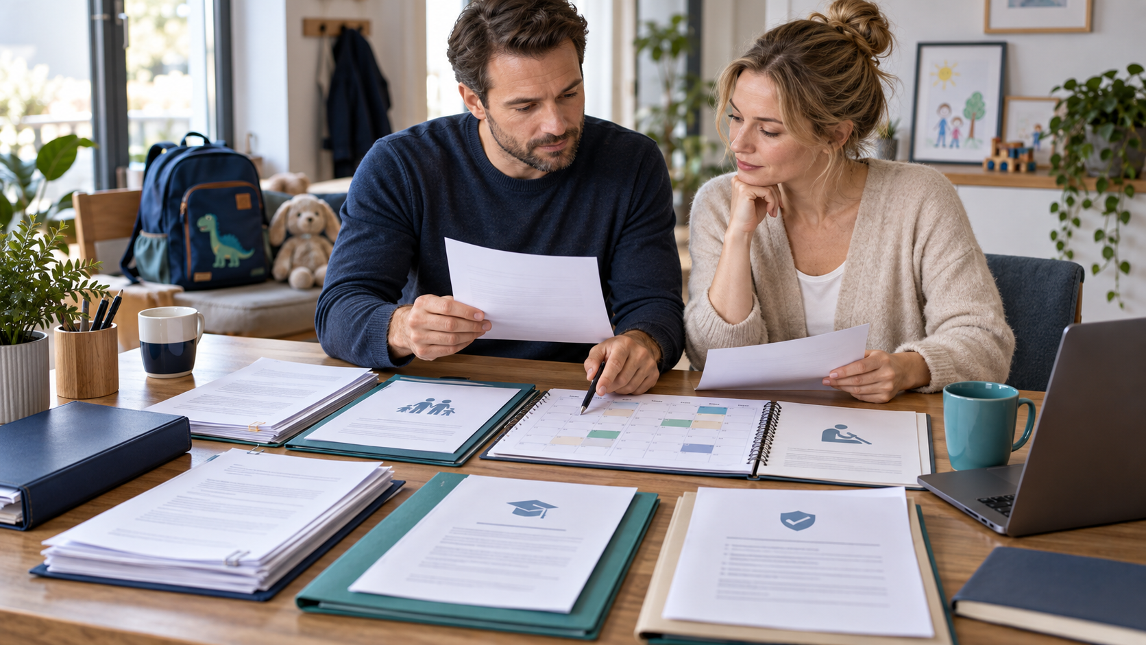 Eltern ordnen Rechnungen, Betreuungsvertrag, Schulunterlagen, Versicherungsbescheid und Kalender