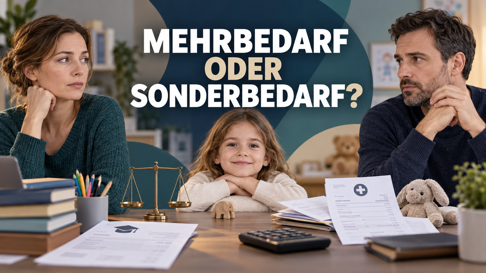 Getrennte Eltern mit ihrem Kind, Unterlagen und Rechner unter der Frage Mehrbedarf oder Sonderbedarf?