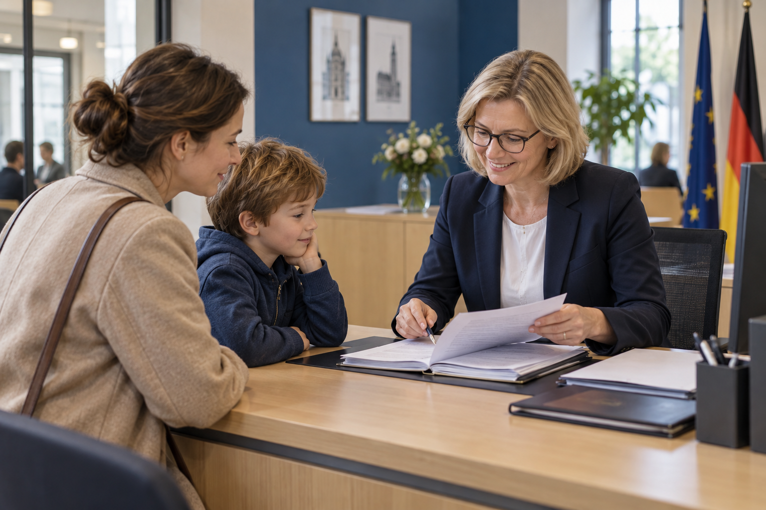 Mutter und Kind besprechen am Standesamt Unterlagen für eine Änderung des Familiennamens