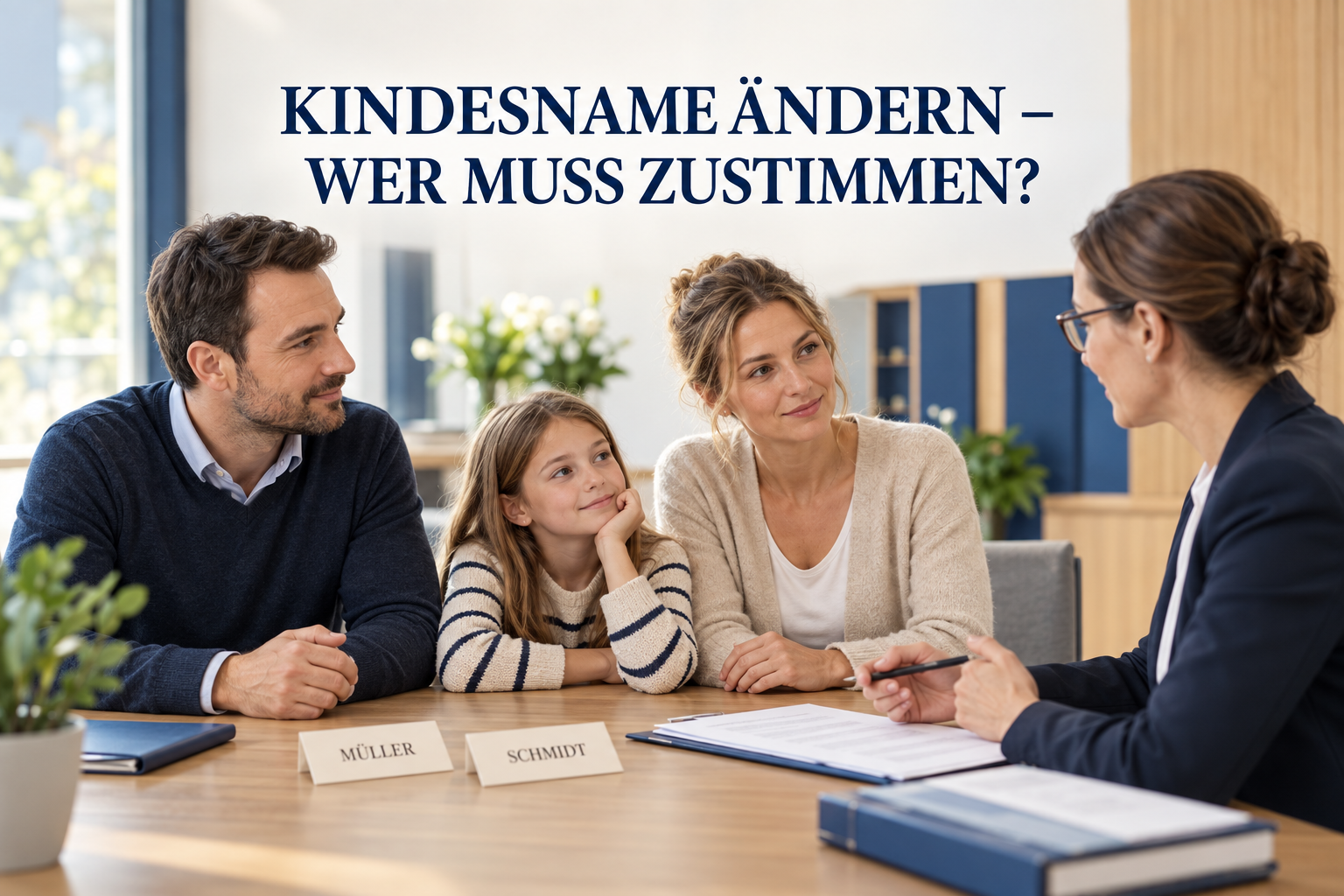 Getrennte Eltern und ihr Kind beraten über eine Namensänderung unter der Überschrift Kindesname ändern – wer muss zustimmen?