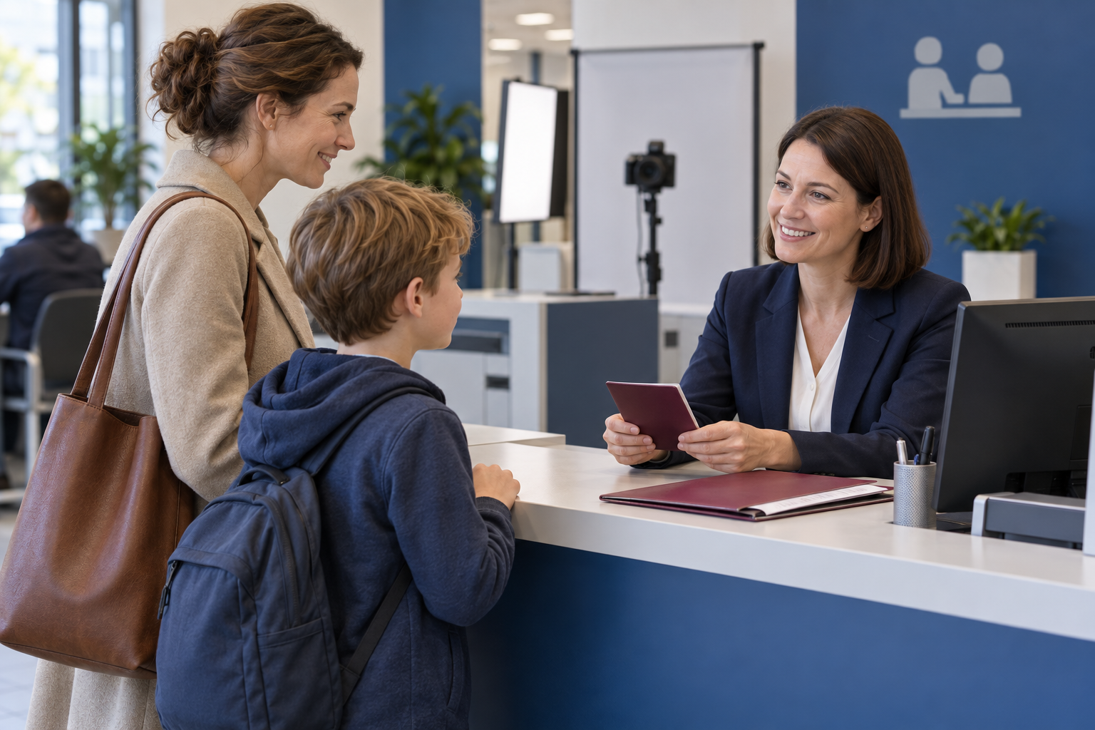 Mutter und Kind beantragen an einem modernen Behördenschalter einen Reisepass