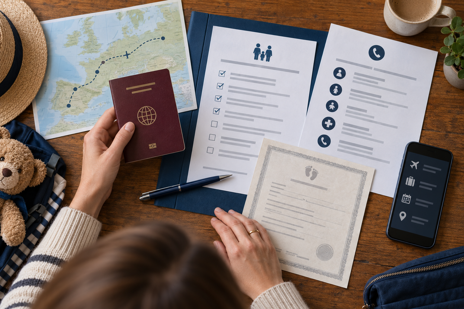 Reisepass, Route, Einverständniserklärung und Notfallkontakte liegen geordnet auf einem Tisch