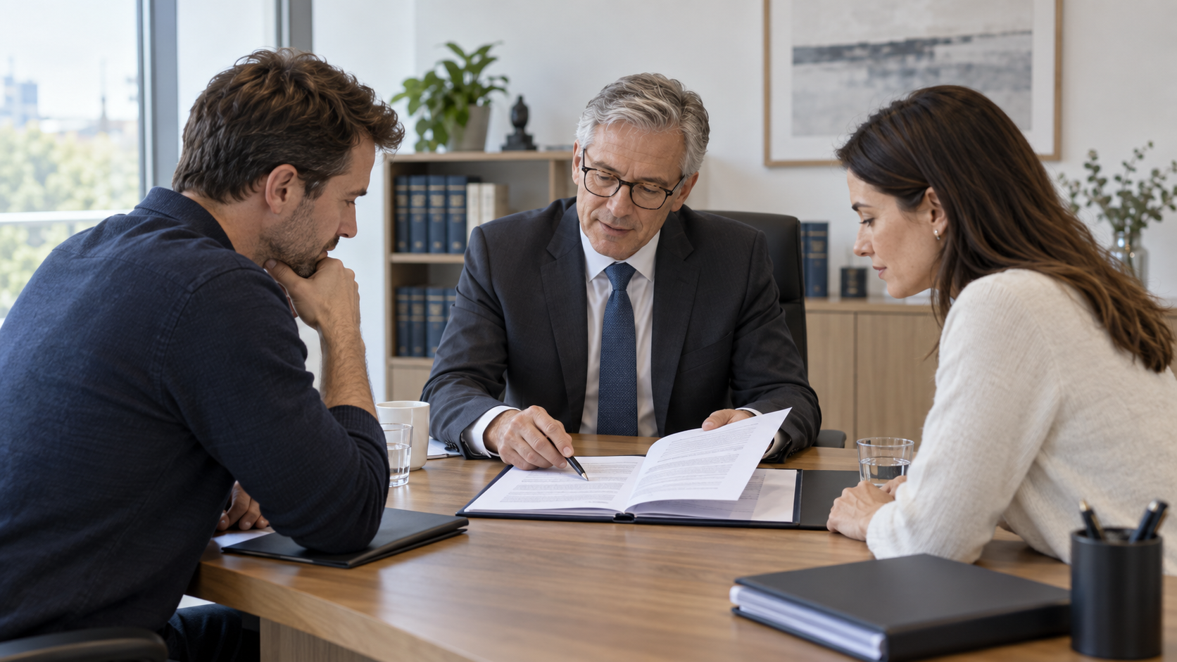 Ehegatten besprechen eine Scheidungsfolgenvereinbarung in einem Notarbüro