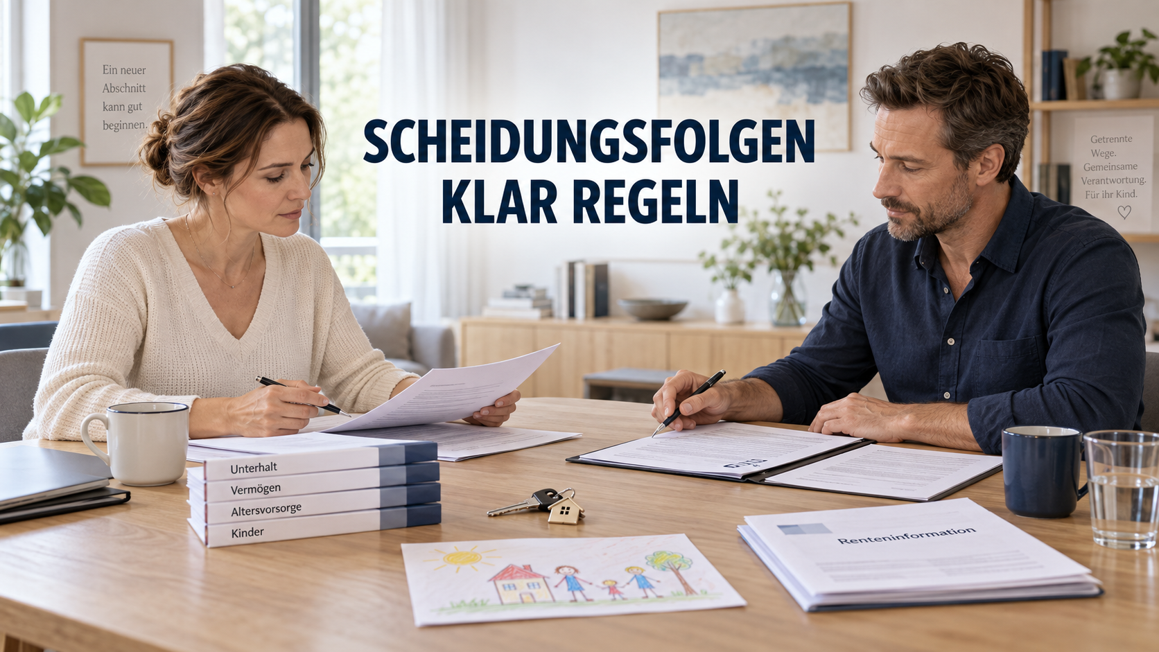 Getrenntes Paar ordnet Unterlagen zu Haus, Unterhalt und Rente unter der Überschrift Scheidungsfolgen klar regeln