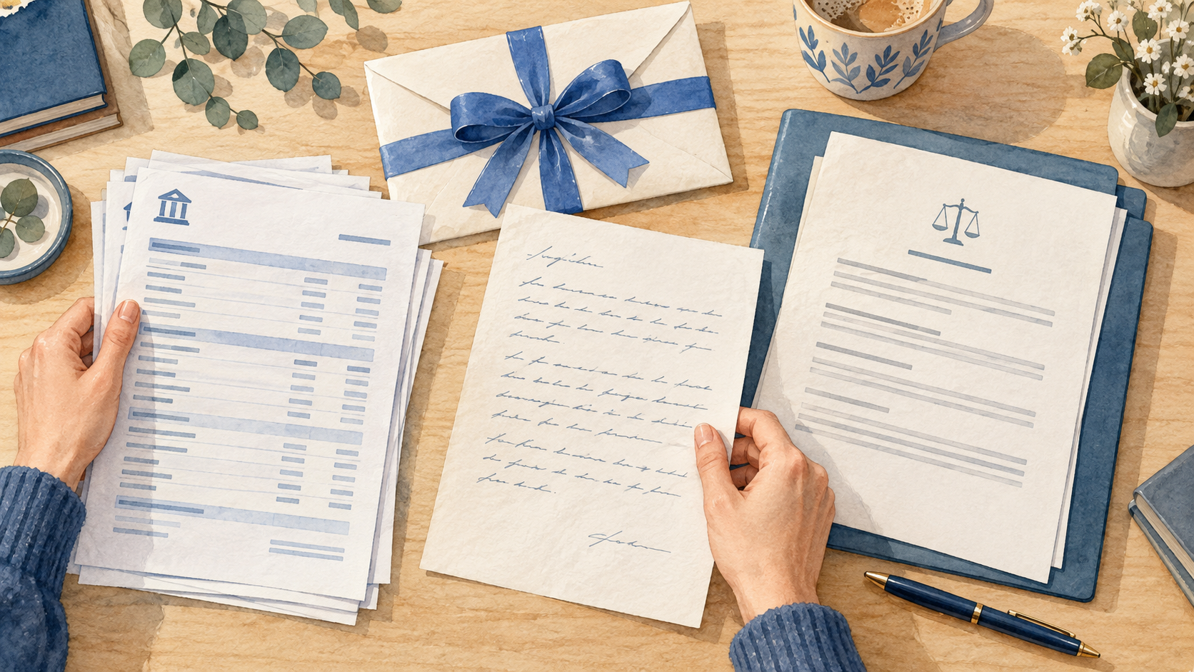 Eine Frau ordnet Überweisungsbelege, eine Geschenknotiz und Unterlagen für die Prüfung einer familiären Zuwendung