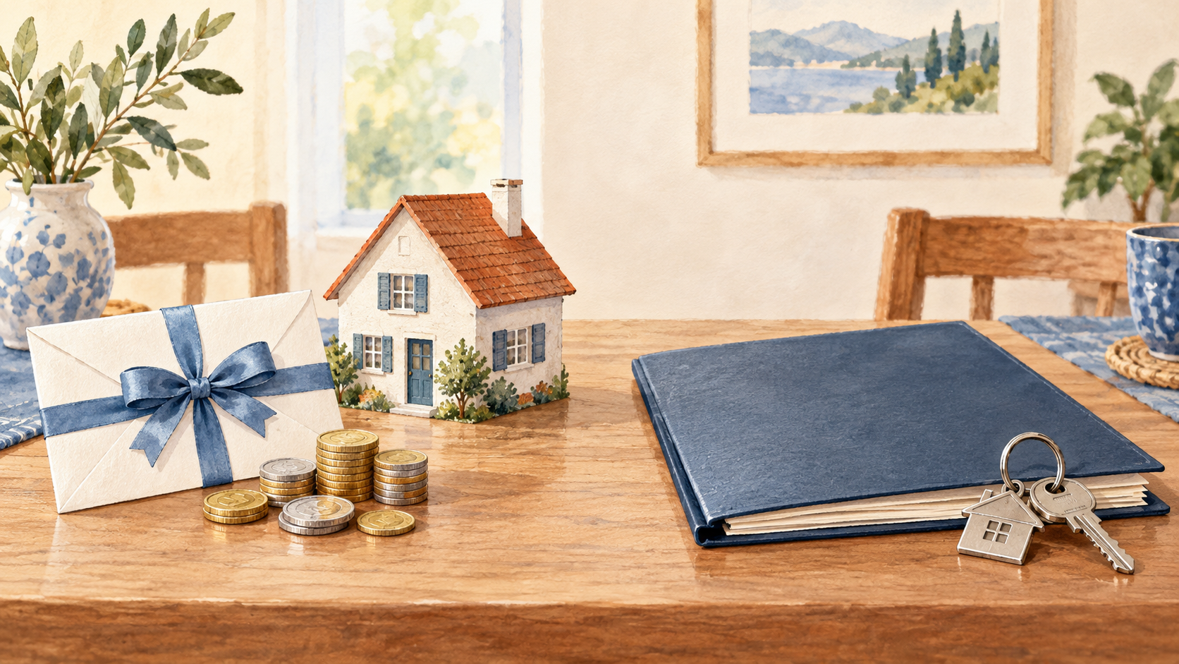 Zwei getrennte Dokumentenmappen zeigen ein Geldgeschenk für ein Haus und die Übertragung einer Immobilie