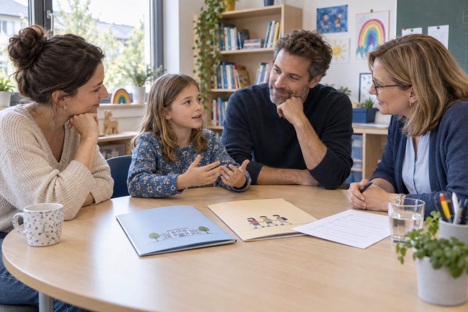 Getrennte Eltern und ihr Kind besprechen mit einer Lehrerin verschiedene Schulmöglichkeiten