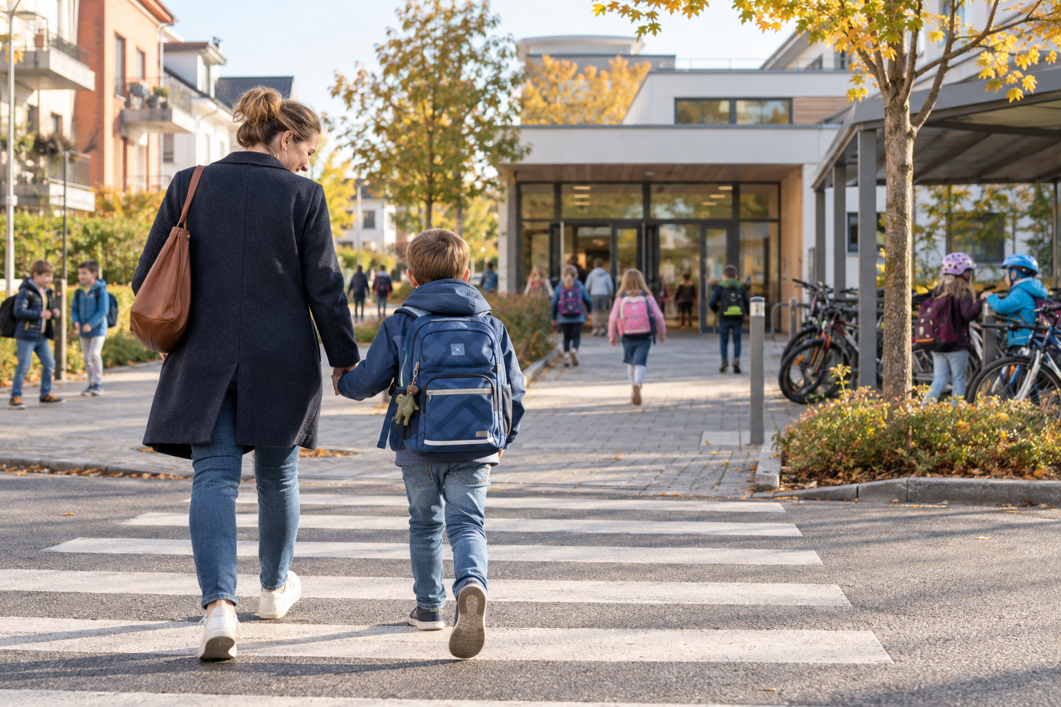 Kind geht mit einem Elternteil über einen sicheren kurzen Schulweg zu einer Grundschule
