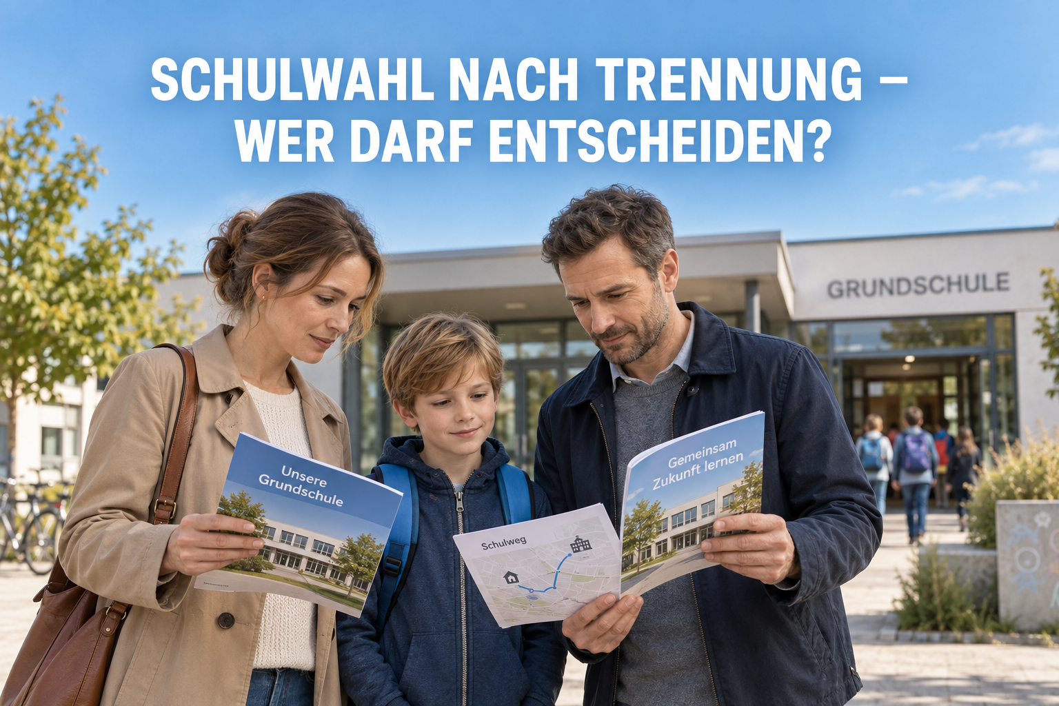 Getrennte Eltern vergleichen mit ihrem Kind vor einer Grundschule Schulunterlagen und Schulweg unter der Überschrift Schulwahl nach Trennung – wer darf entscheiden?
