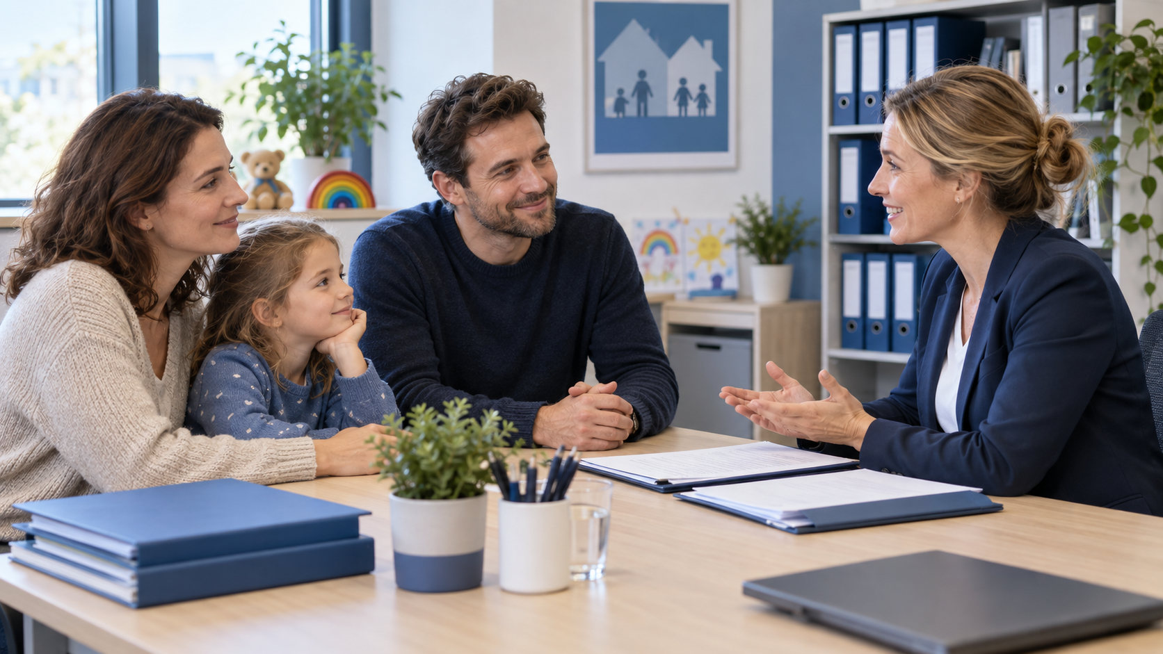 Familie bespricht eine Stiefkindadoption mit einer Beraterin der Adoptionsvermittlung