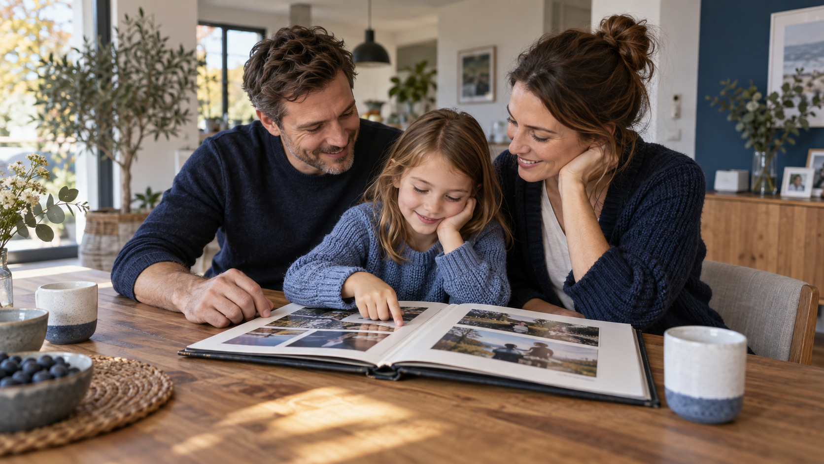 Kind und zwei vertraute Erwachsene betrachten gemeinsam ein Familienalbum