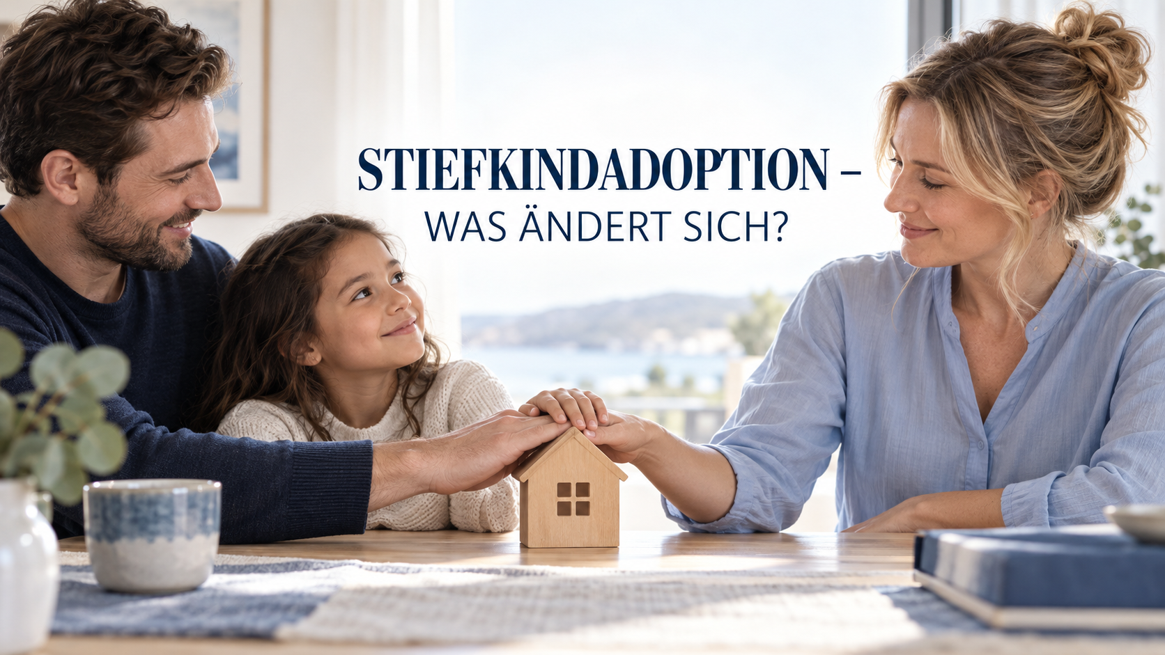 Patchworkfamilie legt die Hände auf ein Holzhaus unter der Überschrift Stiefkindadoption – was ändert sich?