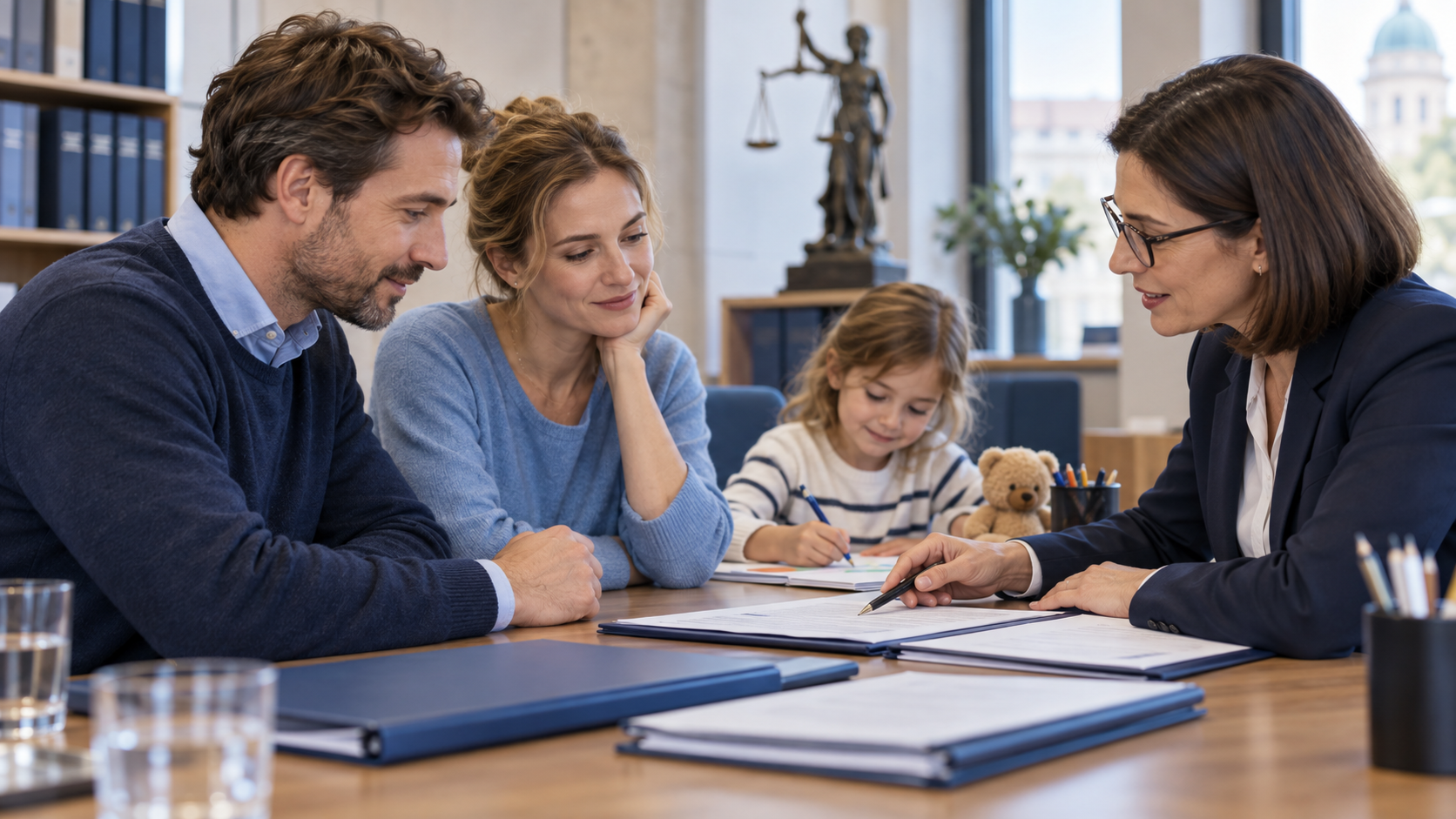 Eltern prüfen mit einer juristischen Beraterin Unterlagen für ein Adoptionsverfahren