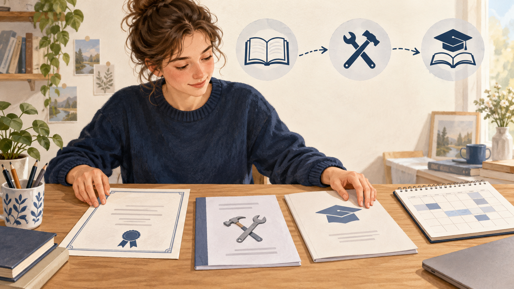 Junge Erwachsene ordnet Ausbildungszeugnis, Studienunterlagen und Kalender entlang eines Bildungswegs