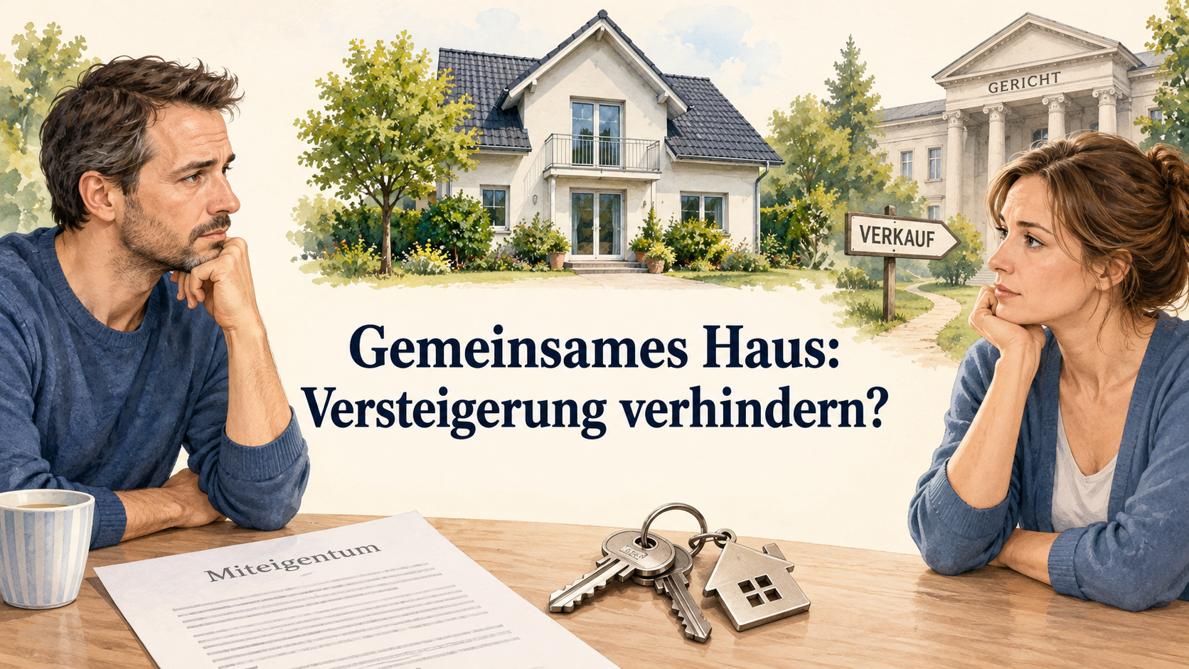 Zwei Miteigentümer, Haus und Schlüssel mit der zentralen Frage Gemeinsames Haus: Versteigerung verhindern?