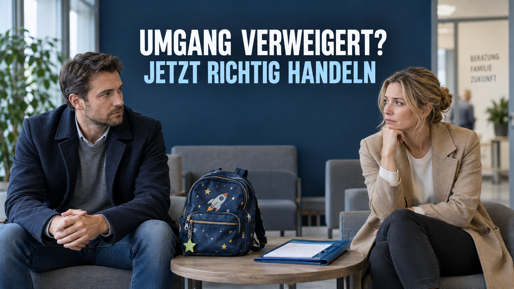 Getrennte Eltern mit Kinderrucksack und Kalender unter der Überschrift Umgang verweigert – jetzt richtig handeln